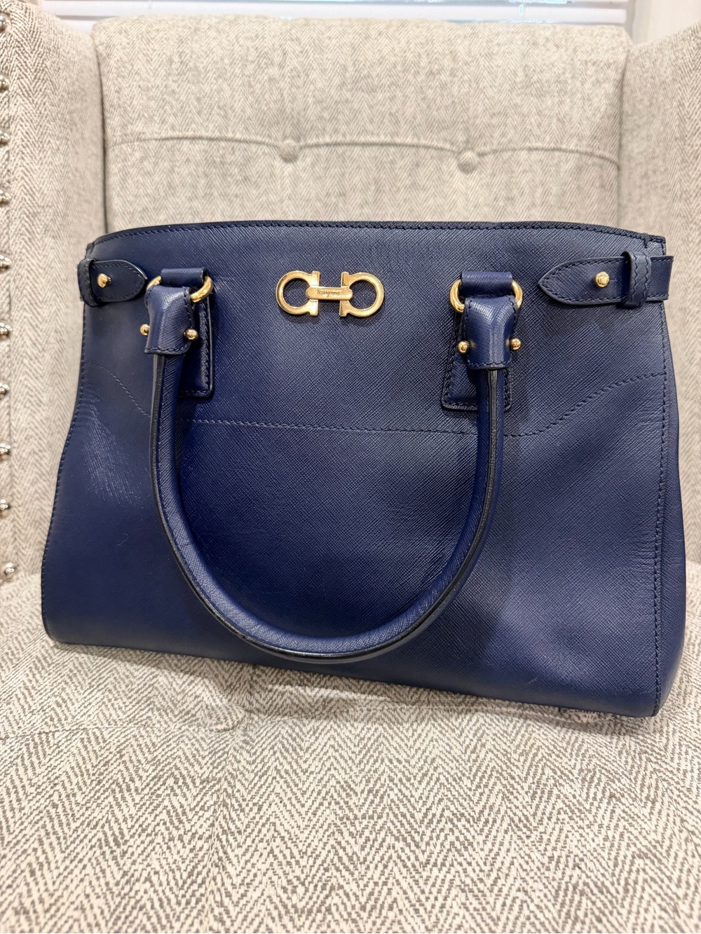 Salvatore Ferragamo Navy Leather Satchel with Gold Hardware